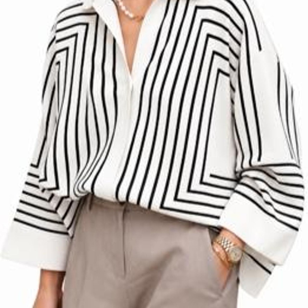 UOOZEE Women's Printed Line Buttoned Loose Long Sleeve Lapel Blouse & Shirt Top